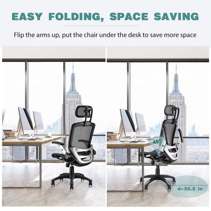 GABRYLLY Ergonomic Mesh Office Chair, High Back Desk Chair - Adjustable Headrest with Flip-Up Arms, Tilt Function, Lumbar Support and PU Wheels, Swivel Computer Task Chair