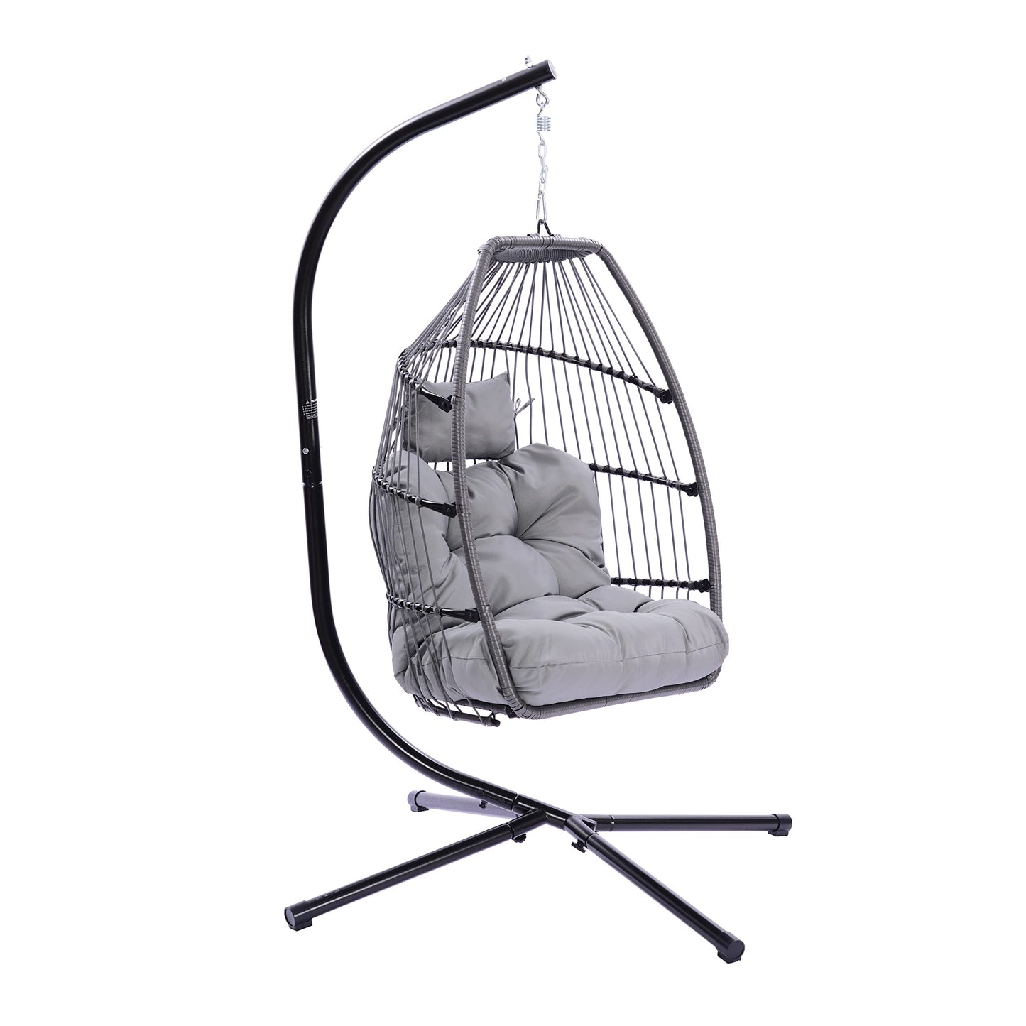 Unovivy Egg Chair with Stand, Hanging Egg Chair Indoor Outdoor with UV Resistant Cushion and Pillow, Patio Wicker Folding Hanging Chair for Bedroom, Garden, Backyard, Balcony, Gray