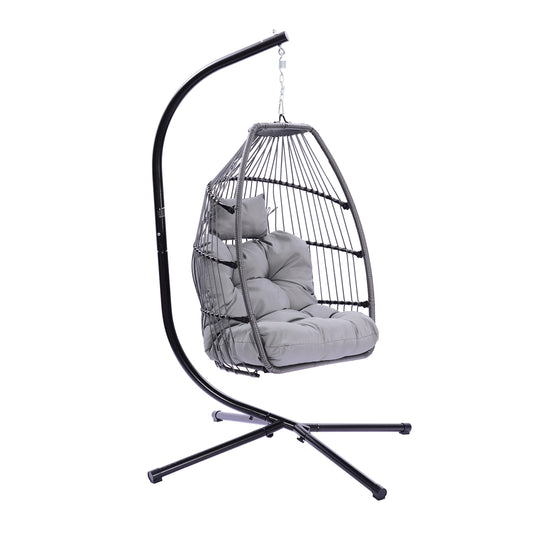 Unovivy Egg Chair with Stand, Hanging Egg Chair Indoor Outdoor with UV Resistant Cushion and Pillow, Patio Wicker Folding Hanging Chair for Bedroom, Garden, Backyard, Balcony, Gray