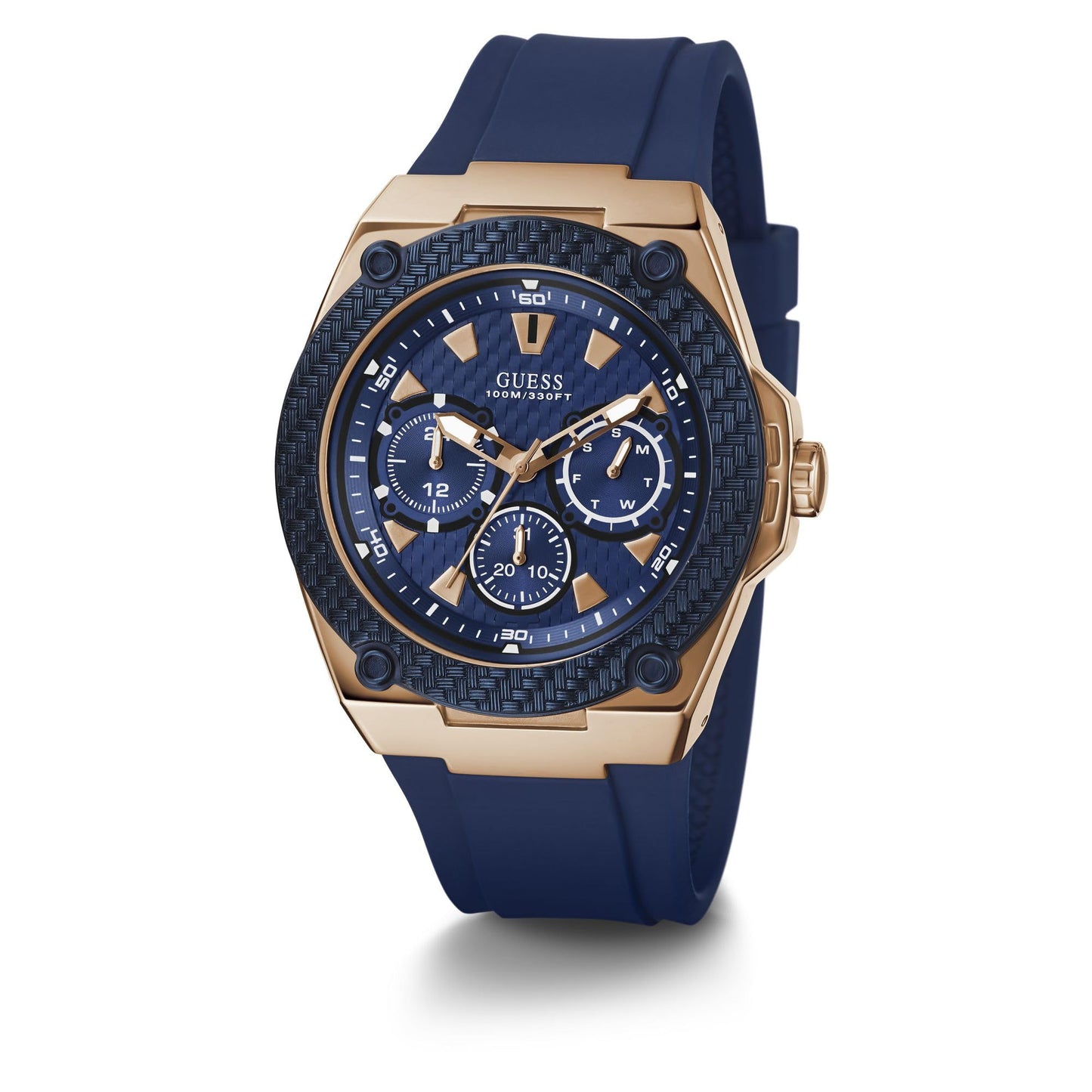 GUESS Comfortable Iconic Blue Stain Resistant Watch with Rose Gold-Tone Day, Date + 24 Hour Military/Int'l Time. Color: Blue (Model: U1049G2)