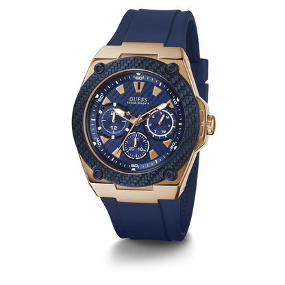 GUESS Comfortable Iconic Blue Stain Resistant Watch with Rose Gold-Tone Day, Date + 24 Hour Military/Int'l Time. Color: Blue (Model: U1049G2)
