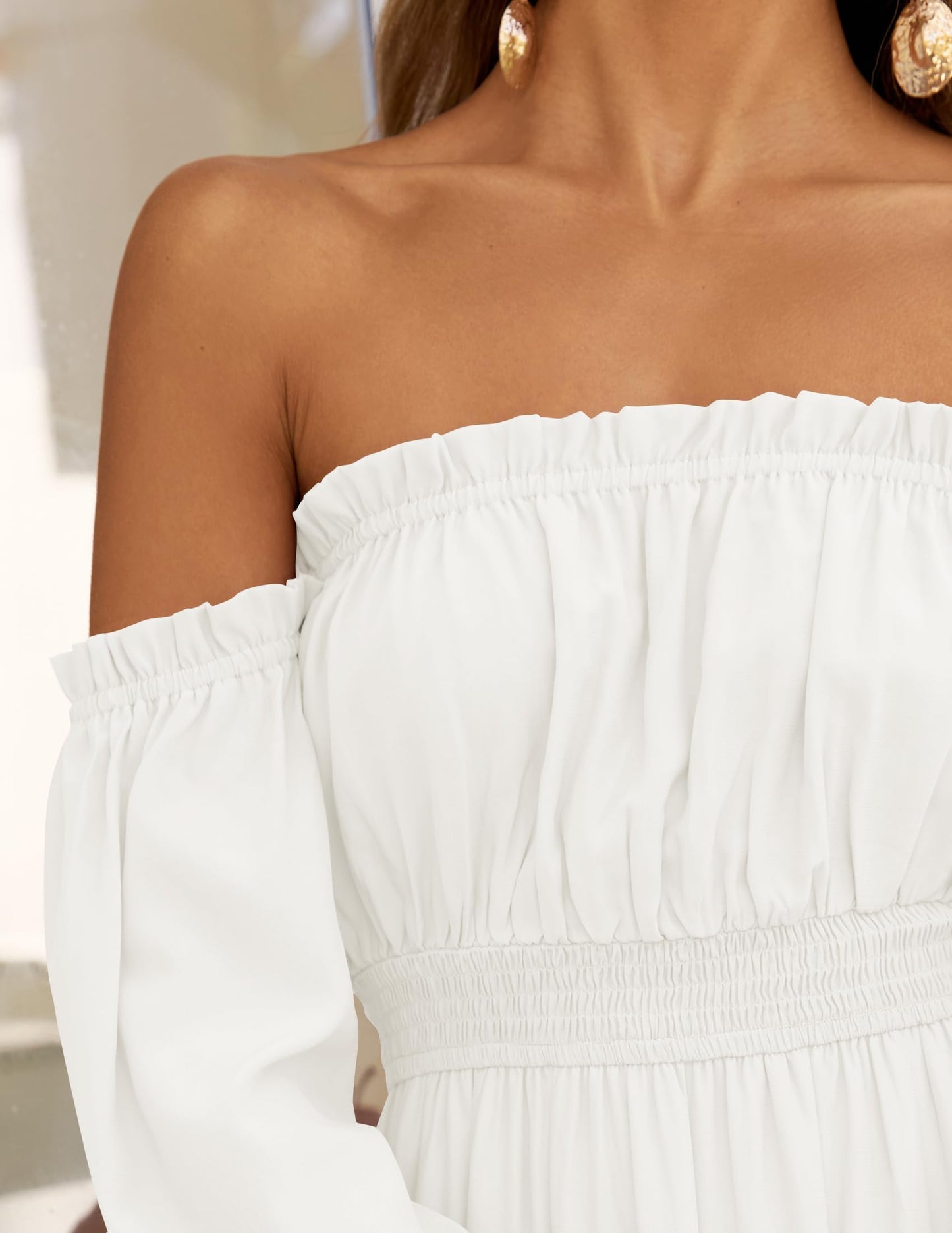 ZESICA Women's Boho Off Shoulder Spring Long Sleeve Dress 2026 High Waist Side Split Sexy Flowy A Line Long Maxi Dresses White Medium