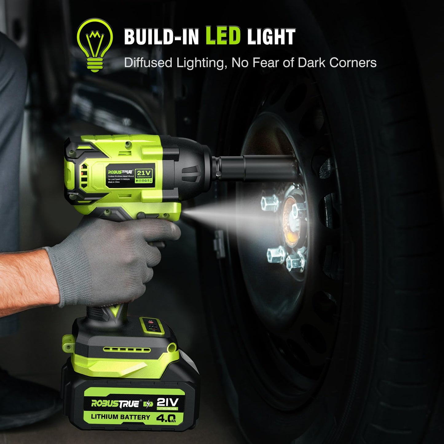 Robustrue Cordless Impact Wrench, 406Ft-lbs (550N.m) Brushless 1/2 inch, 2800RPM High Torque Impact Gun, 2x 4.0Ah Battery, Charger, 4 Sockets, Electric Impact Wrench for Car Home