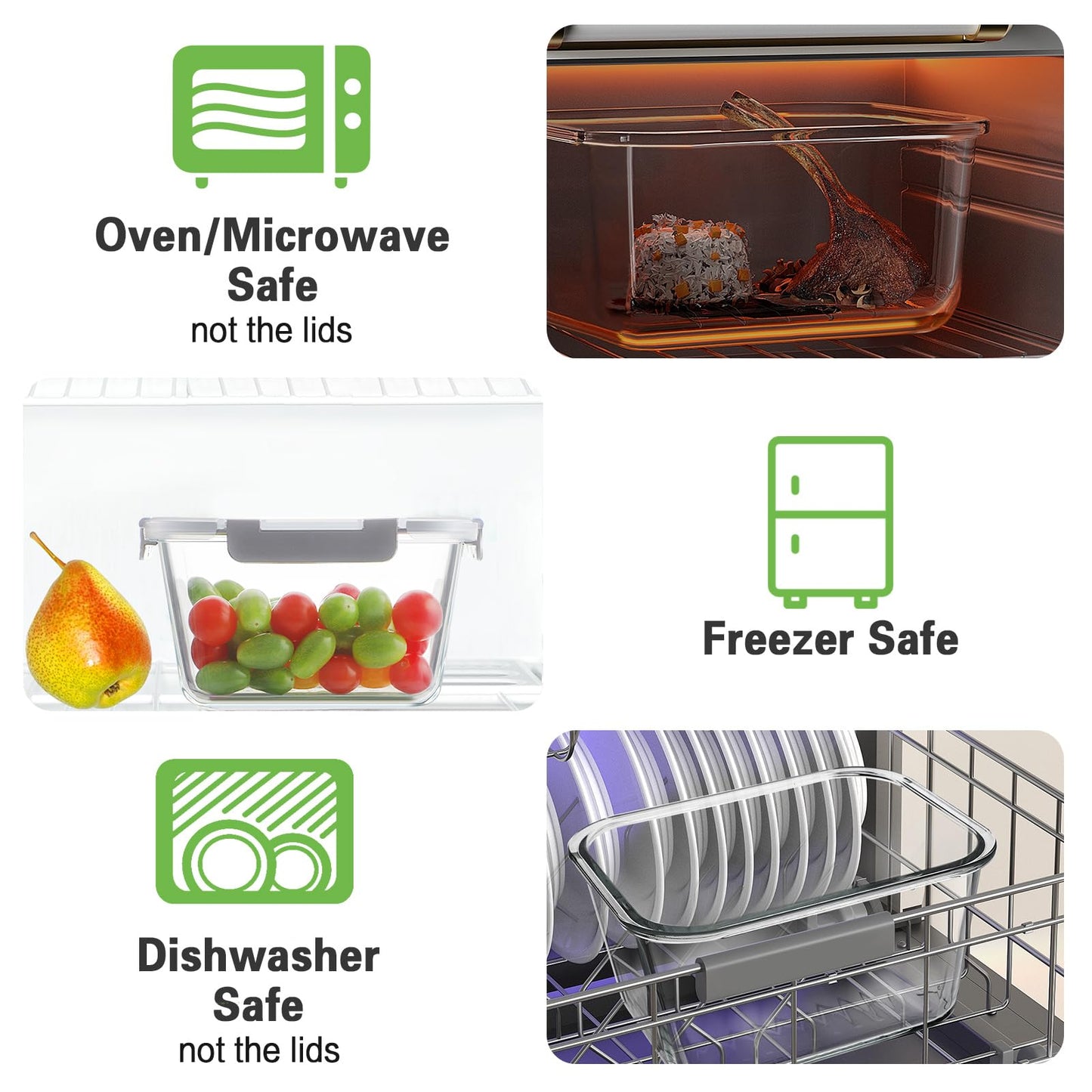 HOMBERKING 4 Pieces 63oz/8cup Large Glass Food Storage Containers with Lids, Meal Prep Containers, Airtight Bento Boxes with Leak Proof Locking (2 Containers 2 Lids), Microwave,Oven,Fridge Safe-Grey