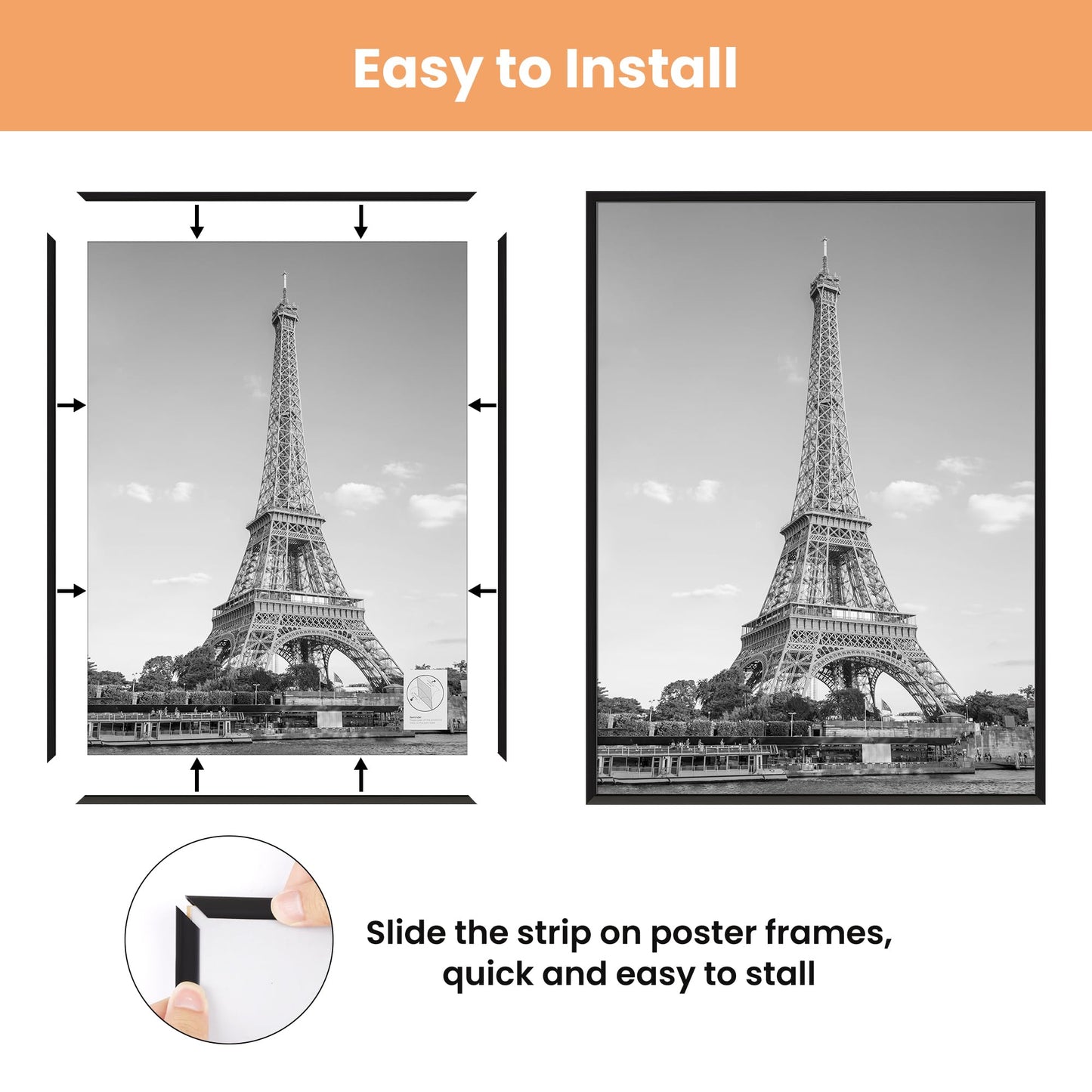 upsimples 20x30 Picture Frame Black 3 Pack, Scratch-Proof Poster Frames 20 x 30 for Photo Gallery - Slide-In Strips, Horizontal or Vertical Wall Mounting