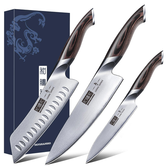 HOSHANHO 3 Pieces Knife Set, Professional Japanese High Carbon Stainless Steel Kitchen Knife Set, Ultra Sharp Chef Knives Sets with Ergonomic Pakkawood Handle
