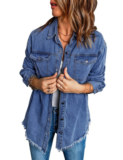 Vetinee Women's Womens Clothes Oversized Boyfriend Nightfall Blue Front Button Up Frayed Raw Hem Long Sleeve Pockets Denim Jean Jacket Shacket X-Large Size 16 Size 18