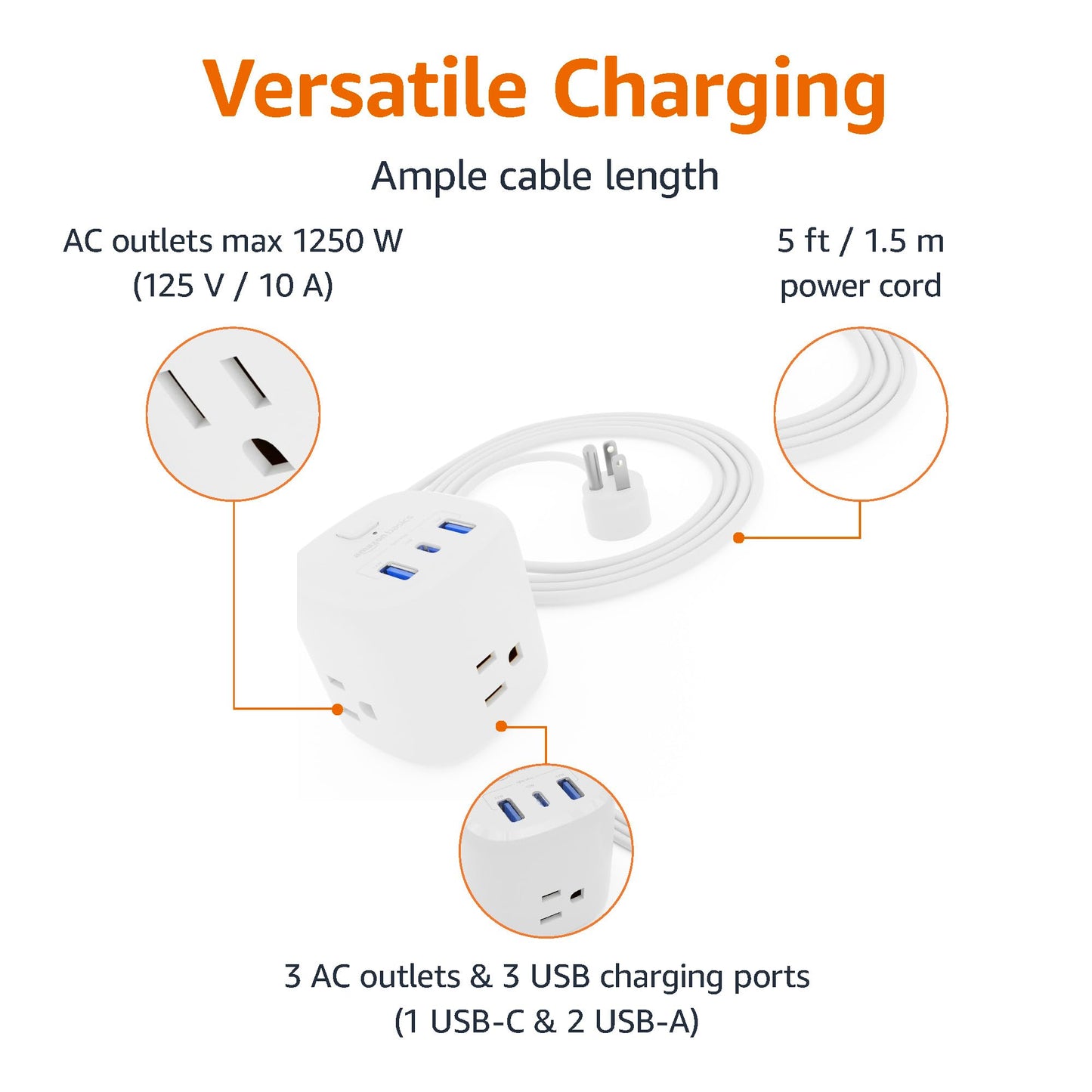 Amazon Basics Power Strip Cube 3 Outlet 3 USB Ports, 1 USB-C(15W) and 2 USB-A(12W), 5 ft Extension Cord, Home, Office, Travel, White