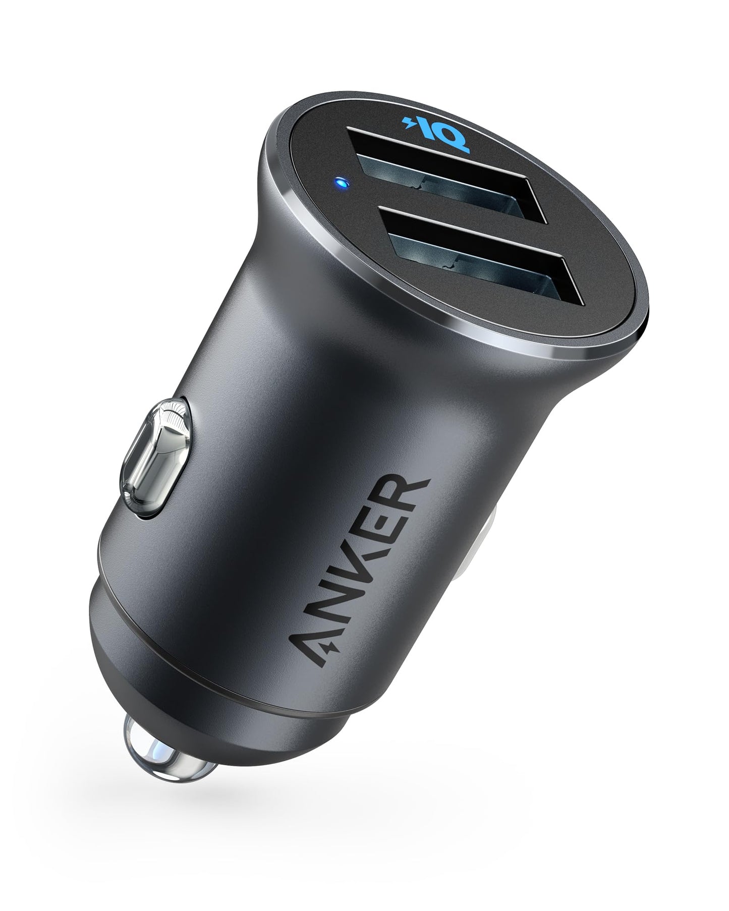 Anker 320 Car Charger (24W II), Mini Aluminum Alloy Dual USB with Blue LED for iPhone16 15 14 13 12 Series, iPad Pro/Air 2/Mini, Galaxy and More - Not Compatible with Quick Charge (Black)