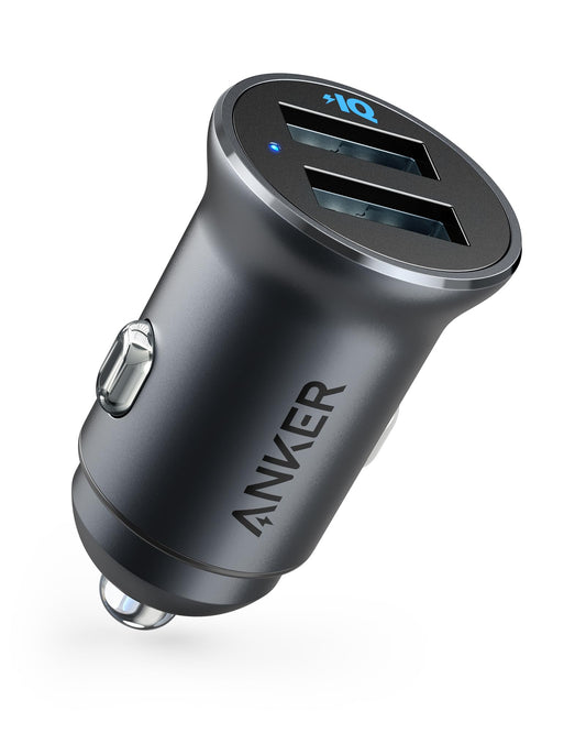 Anker 320 Car Charger (24W II), Mini Aluminum Alloy Dual USB with Blue LED for iPhone16 15 14 13 12 Series, iPad Pro/Air 2/Mini, Galaxy and More - Not Compatible with Quick Charge (Black)