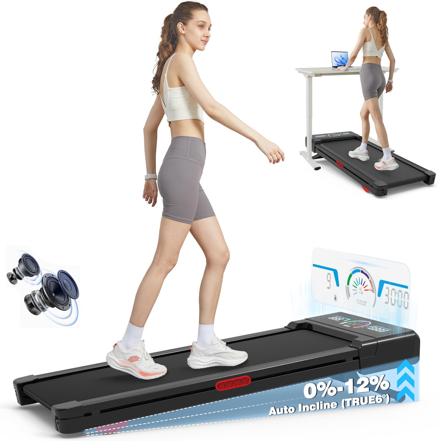 TRAILVIBER Walking Pad Treadmill with 12% 9-Level Auto Incline, 450 lbs Capacity and RGB LED Screen Under Desk Treadmill with Auto Incline and Hiking Mode, Compact Treadmills for Home Small/Office