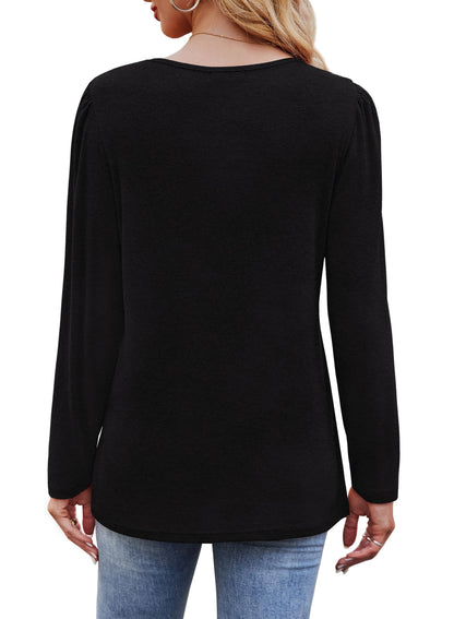 OFEEFAN Womens Long Sleeve Tops Fall Fashion 2025 Dressy Casual Pleated Front Solid Flowy Tunic Tops for Leggings Black S