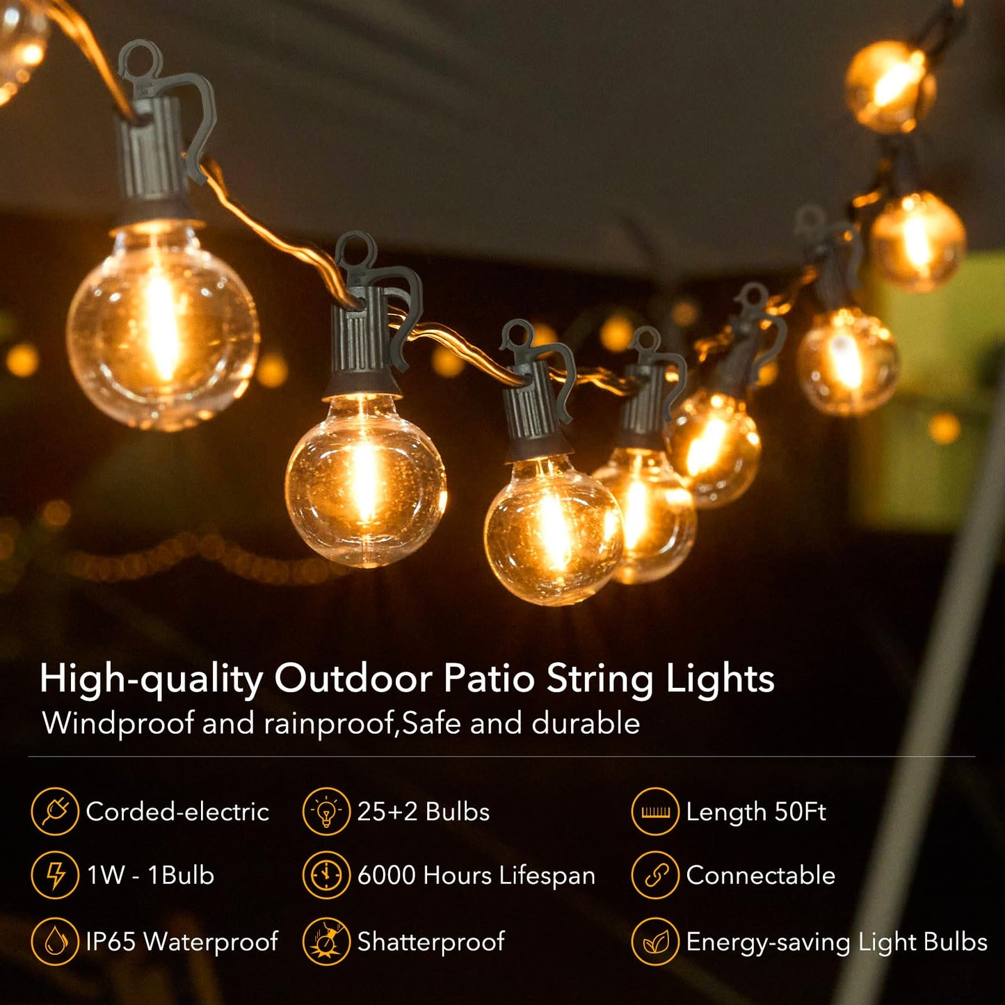 Brightown Outdoor String Lights - Connectable Dimmable LED Patio String Lights with G40 Globe Plastic Bulbs, All Weatherproof Hanging Lights for Outside Backyard Porch (50 ft - 25 LED Bulbs)