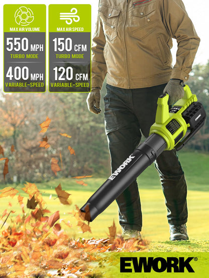 EWORK Cordless Leaf Blower 21V Electric Leaf Blower with (2) 3.0Ah Batteries and Fast Charger, Variable Speed, Turbo Mode, Battery Powered Handheld Leaf Blowers for Lawn Care and Clearance Yard Leaves