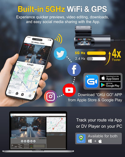 GKU Dash Cam Front and Rear Camera,4K+1080P, 5.8GHz WiFi & GPS Dash Camera for Cars,with 64G SDcard,1.47" Display Dashcam, 24HParking Mode,App Control,Super Night Vision,WDR,Support Max 256GB