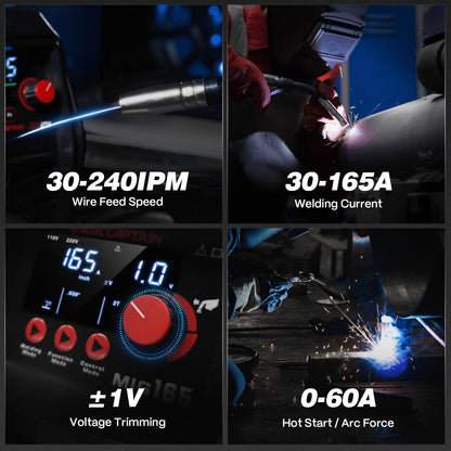 ARCCAPTAIN 165A MIG Welder 110V/220V, 2025 Newest [Large LED Display] 4 in 1 Gasless/Gas MIG/Lift TIG/Stick Welding Machine Multiprocess Welder Machine, IGBT Inverter Welder with Synergy, 2T/4T