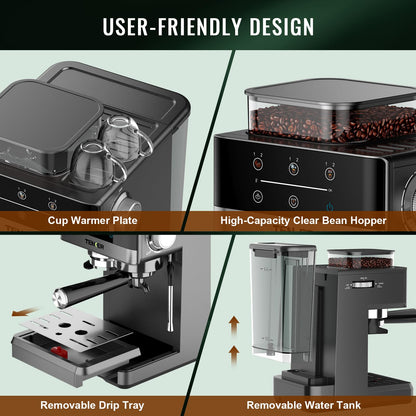 TENKER Espresso Machine with Grinder, 20 Bar Coffee Machine with Milk Frother for Home, All-in-One Stainless Steel Coffee Maker to Make Latte, Cappuccino, Hot or Cold Brew Iced Coffee