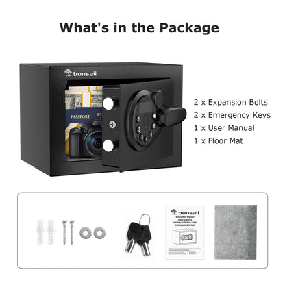 Bonsaii Safe Box with Electronic Keypad, Steel Security Lock Box with Key, 0.23 Cubic Feet, 9.06" W x 6.69" D x 6.69" H, Small Hidden Safe for Cash Jewelry