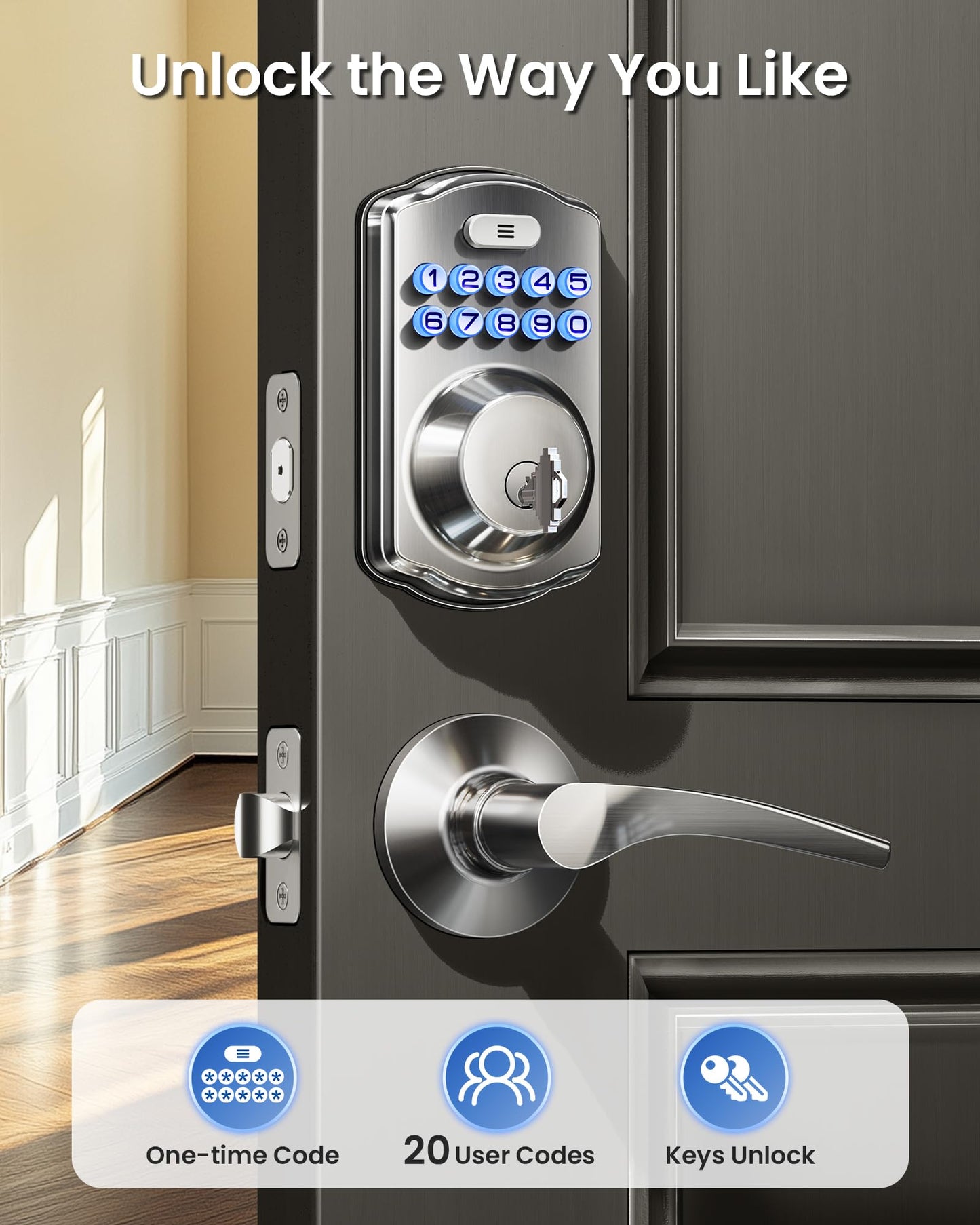 Veise Keyless Entry Door Lock with 2 Lever Handles - Electronic Keypad Deadbolt, Easy Installation Digital Smart Front Door Lock Set, Satin Nickel