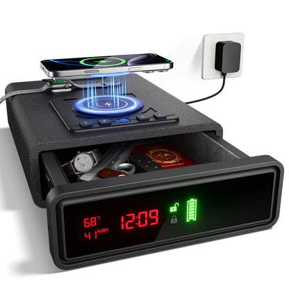 ORARAER Biometric Smart Gun Safe with Wireless Charging, 3 Quick Access Money Box with Fingerprint - Compact Bedside Drawer Safe, 24/7 Digital Clock handgun safe,Valentines Day Gifts for Him