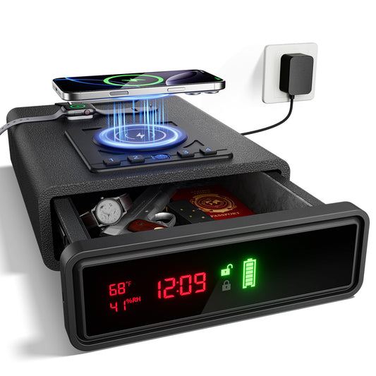 ORARAER Biometric Smart Gun Safe with Wireless Charging, 3 Quick Access Money Box with Fingerprint - Compact Bedside Drawer Safe, 24/7 Digital Clock handgun safe,Valentines Day Gifts for Him