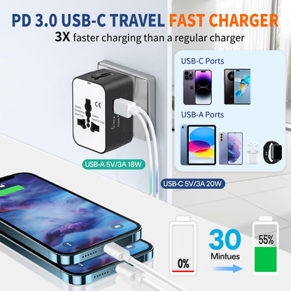 International Universal All in One Worldwide Travel Adapter Fast Charger with PD 3.0 Type C & USB-A Quick Charging Wall Charger AC Power Plug Adapter for USA EU UK AUS European Cell Phone Laptop