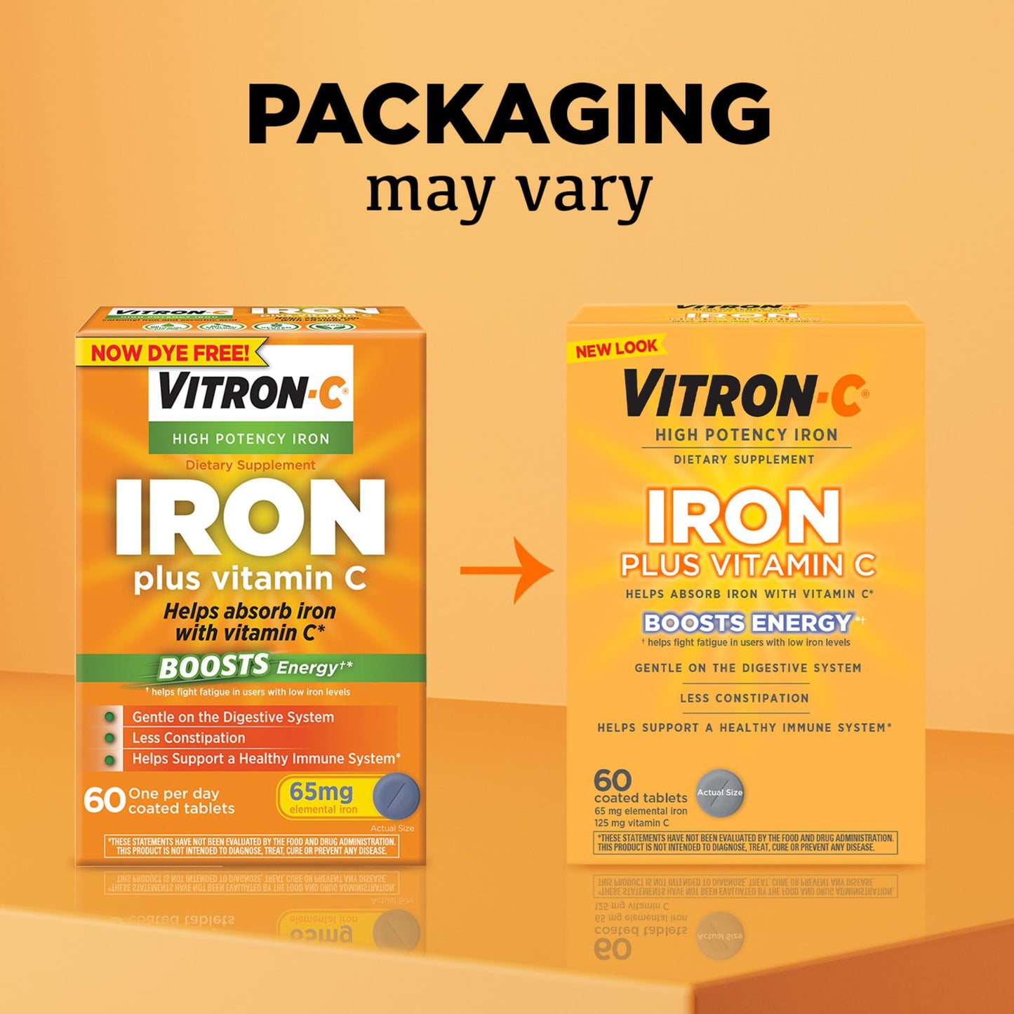Vitron-C Iron Supplement, Once Daily, High Potency Iron Plus Vitamin C, Support Red Blood Cell Production, Dye Free Tablets, 60 Count, 2 Pack