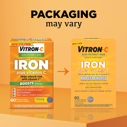 Vitron-C Iron Supplement, Once Daily, High Potency Iron Plus Vitamin C, Support Red Blood Cell Production, Dye Free Tablets, 60 Count, 2 Pack