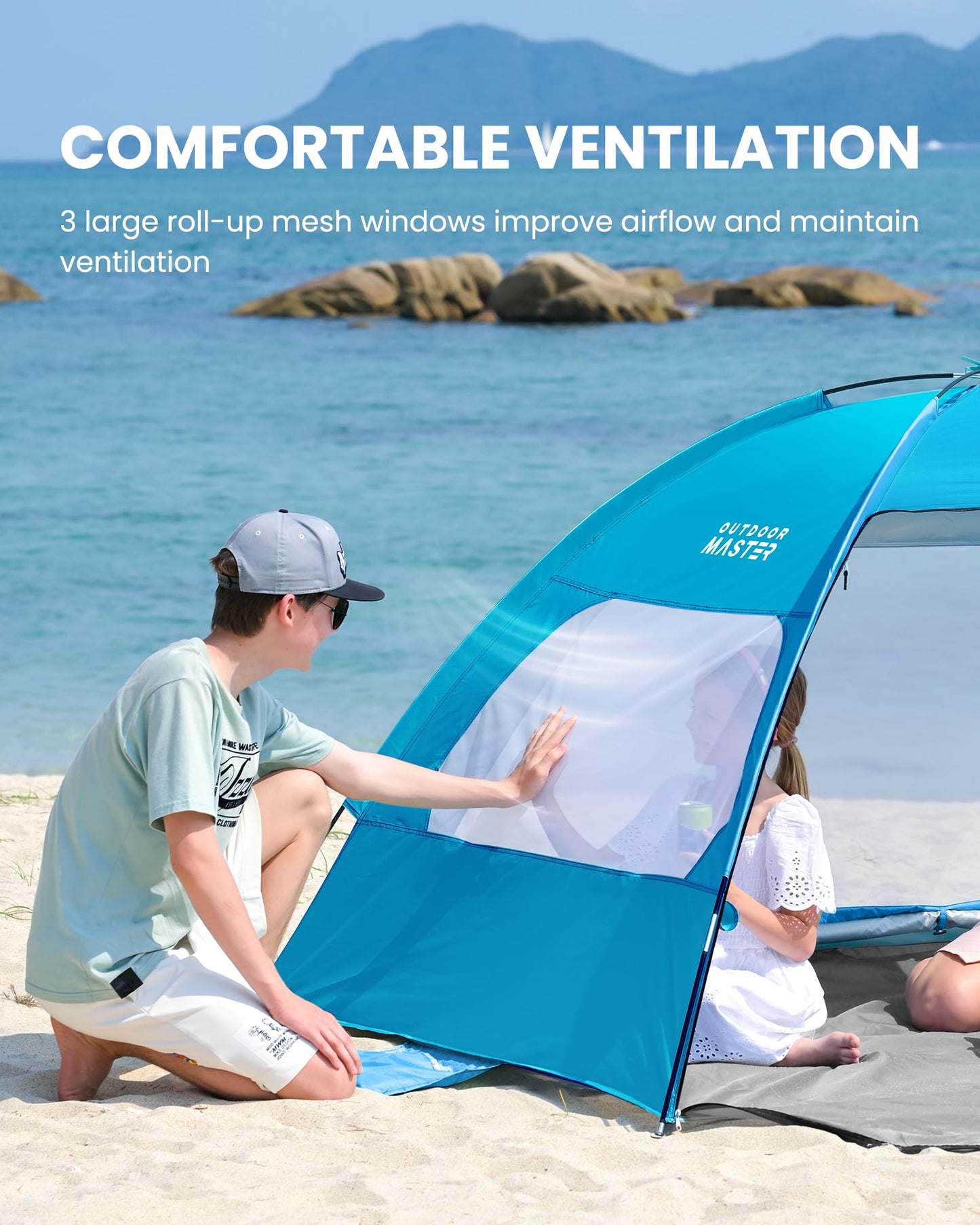 OutdoorMaster Beach Tent for 3/4 Person - Easy Setup Sun Shade Shelter, Portable Beach Shade Sun Canopy with UPF 50+ UV Protection, Removable Skylight Family Size - 3 Person Blue