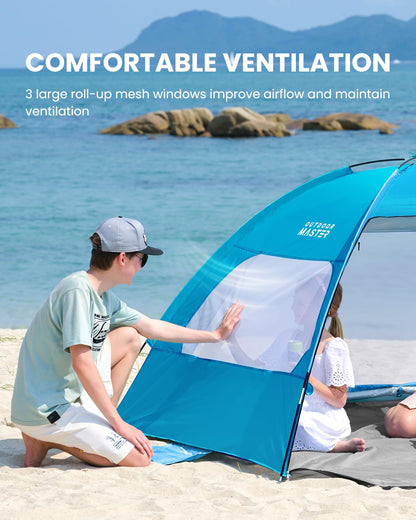 OutdoorMaster Beach Tent for 3/4 Person - Easy Setup Sun Shade Shelter, Portable Beach Shade Sun Canopy with UPF 50+ UV Protection, Removable Skylight Family Size - 3 Person Blue