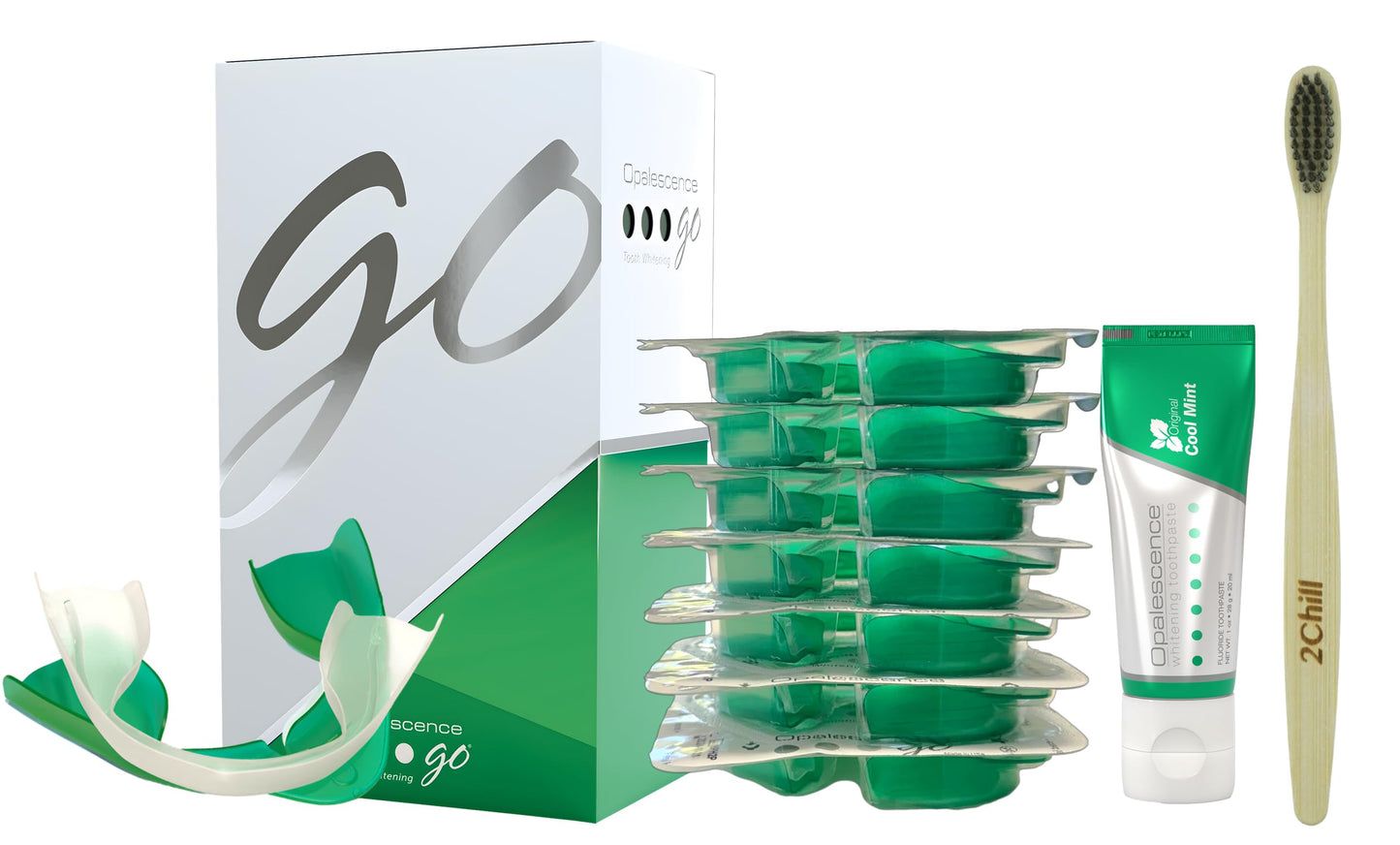 Opalescence GO 15 Whitening Bundle - (7 Treatments) Hydrogen Peroxide Prefilled Teeth Whitening Trays and Travel Original Whitening Toothpaste 1 Oz - Mint Flavor - Includes Toothbrush 6238-1T
