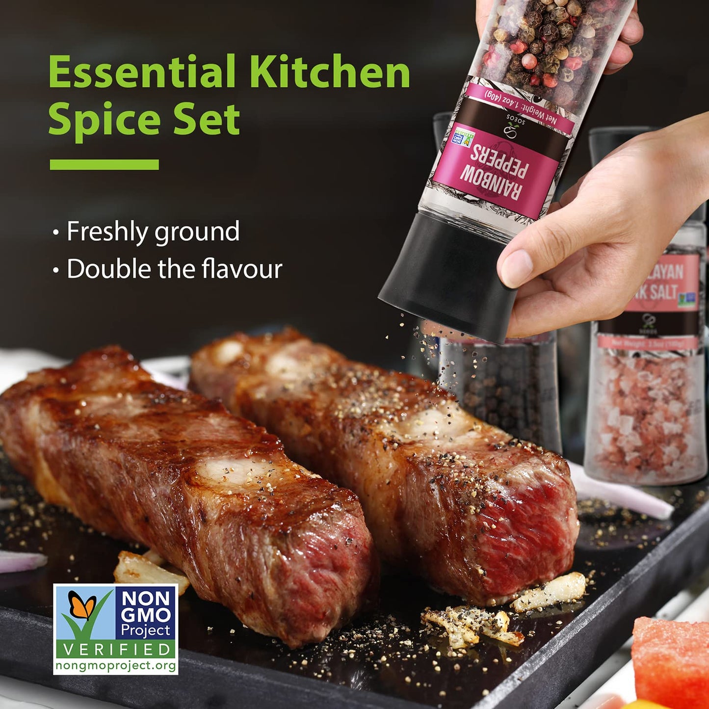 Soeos Spice Seasoning Set of 4, 9.8oz(277.82g), With Integrated Grinders, Salt and Pepper Grinder Set, Pure and Fresh Perfect for BBQ Seasoning Gift Set, Grilling Spice, Herb, Spice & Seasoning Gifts