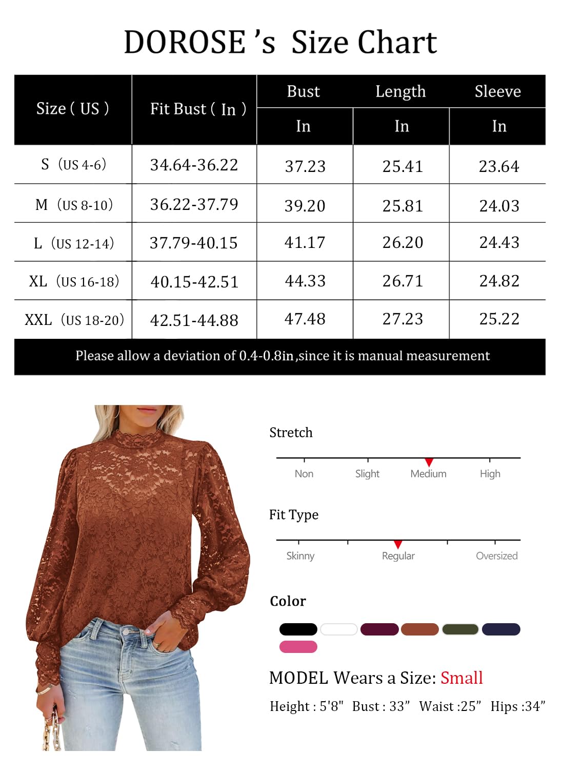 DOROSE Womens Tops Dressy Casual Fall Lace Long Sleeve Blouses Shirts Coffee S