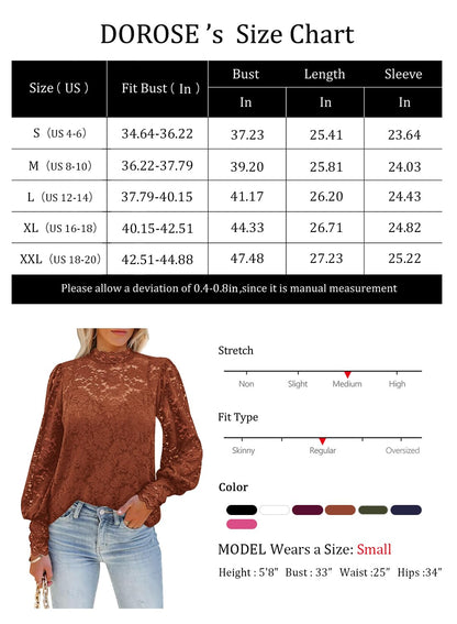 DOROSE Womens Tops Dressy Casual Fall Lace Long Sleeve Blouses Shirts Coffee S