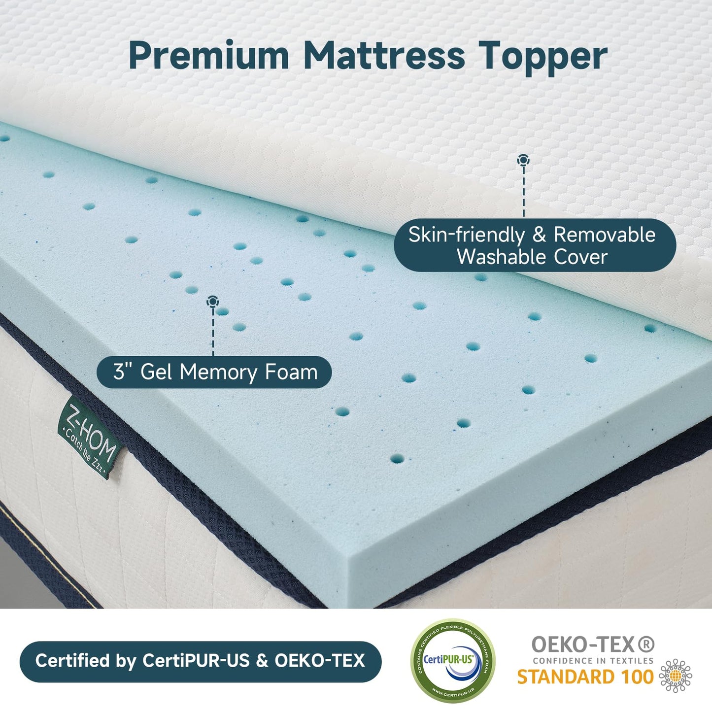 3 Inch Full Memory Foam Mattress Topper,Cooling Gel Bed Topper with Premium Removable Skin-Friendly Non-Slip Cover, High Density Ventilated Mattress Pad CertiPUR-US & Oeko-Tex Certified, Grey