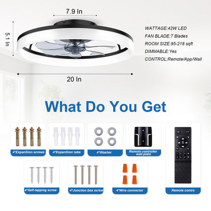 Ceiling Fans with Lights and Remote, 20" Fandelier Ceiling Fan Flush Mount, 3000K-6500K Smart Bladeless LED Fan Light, Modern Low Profile Ceiling Fan with Light for Bedroom, Kids Room and Living Room.