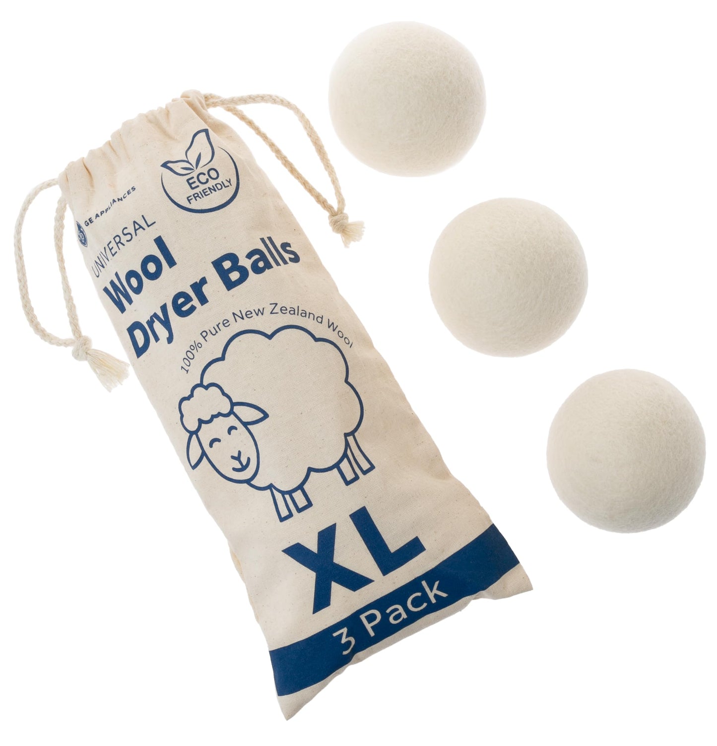 GE Appliances Wool Dryer Balls, XL Reusable Natural Fabric Softener Made of 100% Pure New Zealand Wool, Set of 3