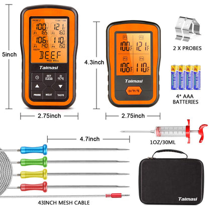 Wireless Digital Meat Thermometer with 4 Probes & Meat Injector, Upgraded 500FT Remote Range Cooking Food Thermometer for Grilling & BBQ & Oven & Kitchen, LCD