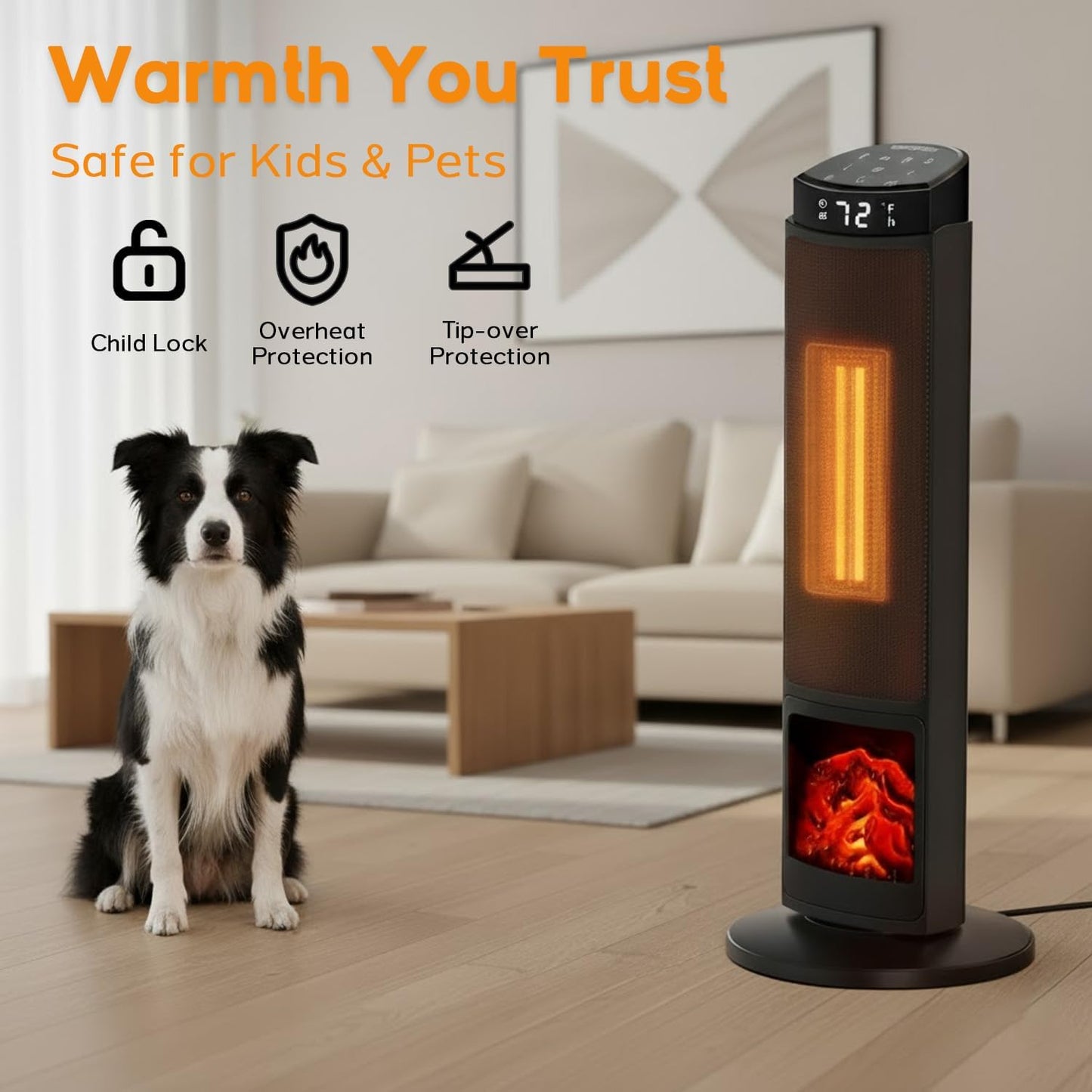 23" Space Heater, 1500W Portable Heaters for Indoor Outdoor Use, Fast Heating with 70° Oscillation, Adjustable Thermostat Up to 95°F, Tip-Over Protection & 12H Timer for Bedroom, Office, Black