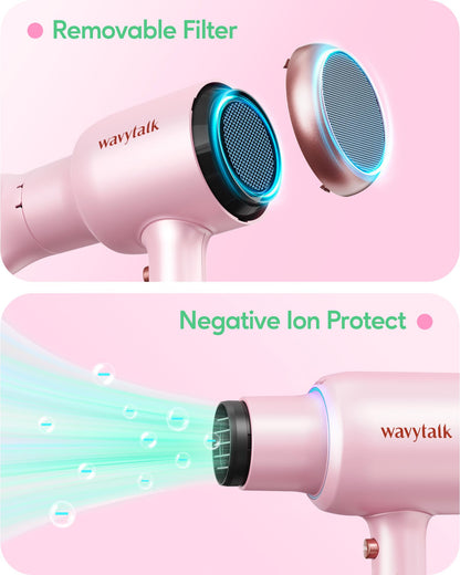 Wavytalk Professional Hair Dryer with Diffuser 1875W Power Dryer, Blow Dryer Ionic Hair Dryer for Women with Constant Temperature, Fast Drying &Low Noise, Millennial Pink