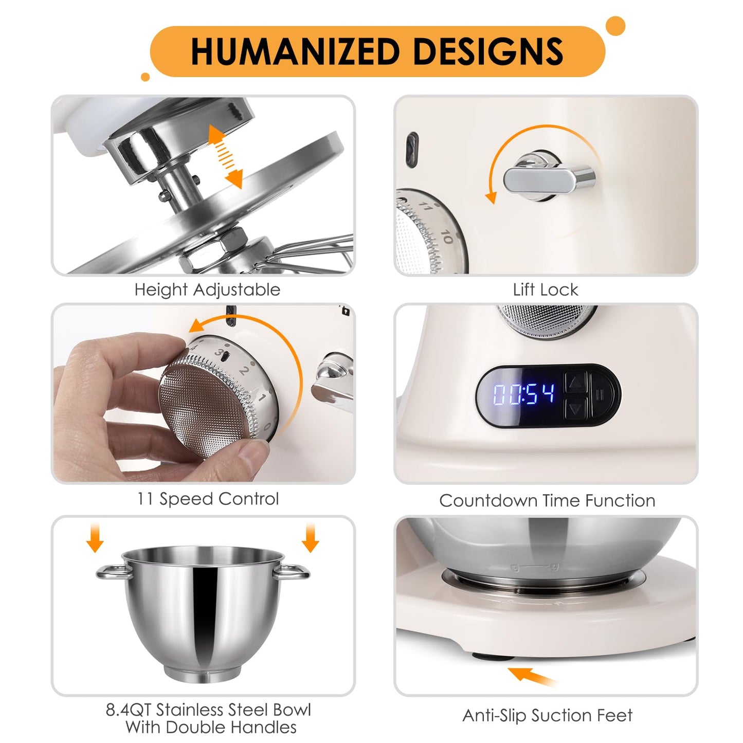 8.4QT Commercial Stand Mixer 800W with Aluminum Die Casting Meets the Standard of NSF/ANSI 8-2023, Mixers Kitchen Electric Stand Mixer with Stainless Steel 8L Bowl, Dough Hook, Whisk and Beater