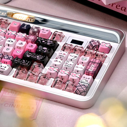 TYRIXKI 26 Keys Crystal Jelly Personalized Keycaps, PC Material Cute Black Pink Cat Transparent Custom Keycaps, Mao Profile Keycap for DIY MX Swithes Mechanical Keyboards