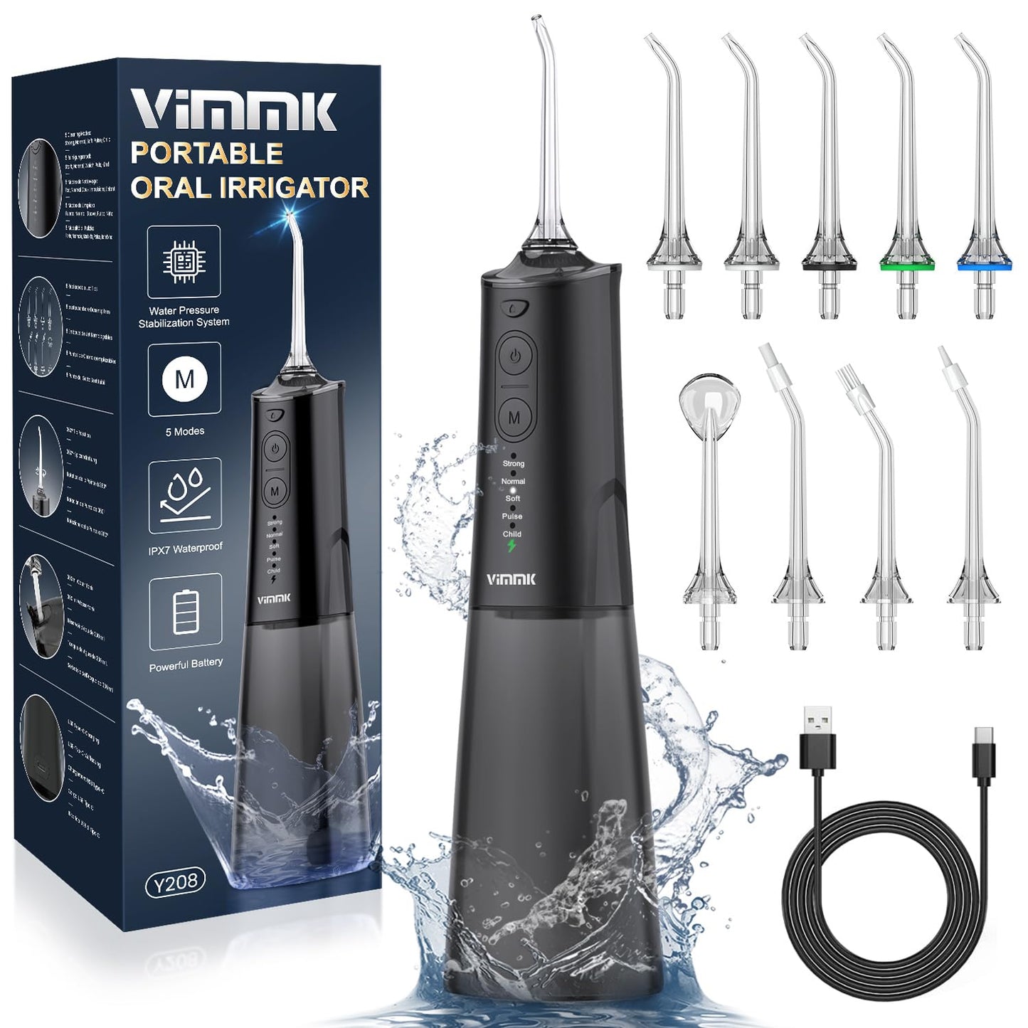 VIMMK Water Flosser, Cordless Water Dental Flosser, 9 Jet Tips 5 Modes 300ML IPX7 Waterproof, Portable Rechargeable Oral Irrigator for Home Travel - Gums, Orthodontic, Braces Care - Black