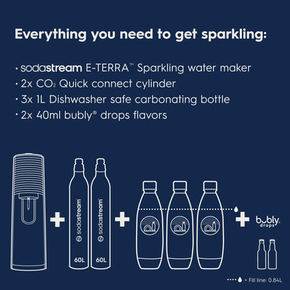SodaStream E-TERRA Sparkling Water Maker Bundle (White), with CO2, Carbonating Bottles, and bubly Drops Flavors
