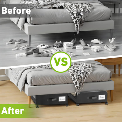 Beborxue Under Bed Storage with Wheels, 2-Pack Under Bed Storage Containers with Clear Lids, XXL 60L Under Bed Shoe Storage Organizer, Rolling Underbed Storage for Clothes, Shoes, Blankets (Black)
