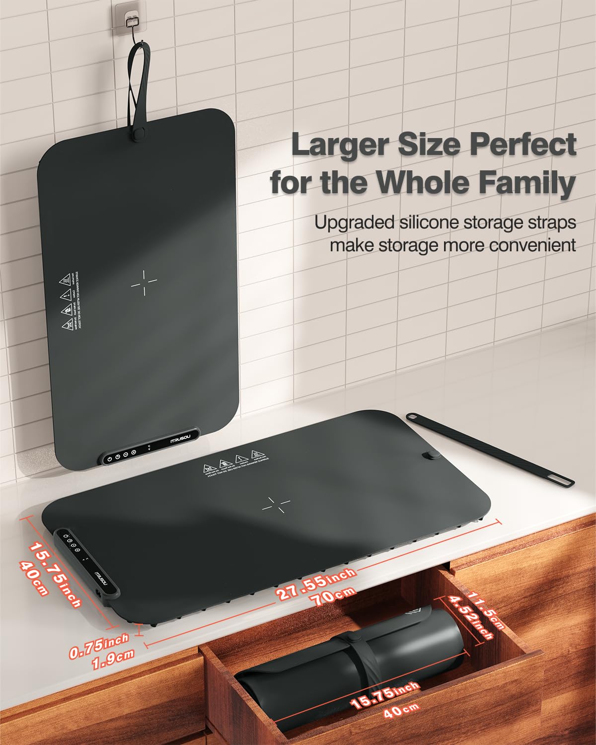 Food Warming Mat, iTRUSOU Silicone Electric Warming Tray with 7 Temp-Settings, 1-8Hr Auto Shut-Off, Switchable Fahrenheit/Celsius, Upgrade Strap Keep Food Warm at Buffet, Party, Sabbath, Daily Use