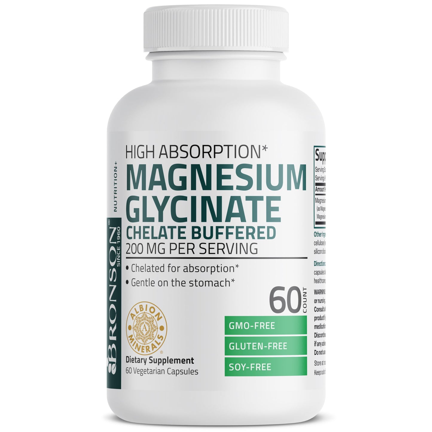 Bronson Magnesium Glycinate 200 MG per Serving Chelated for High Absorption, Gentle On Stomach, Non-GMO, 60 Vegetarian Capsules