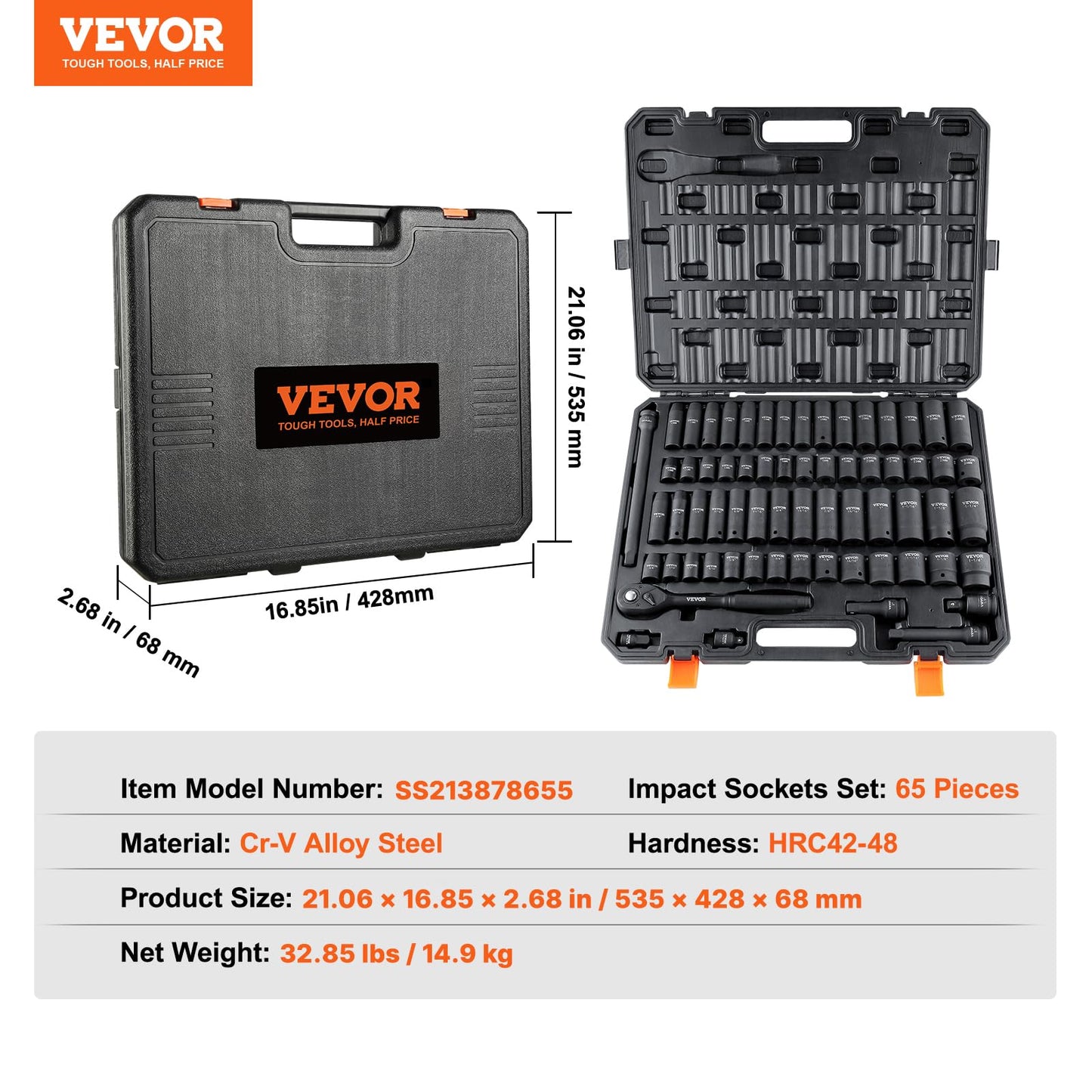 VEVOR 1/2" Drive Impact Socket Set, 65 Piece SAE 3/8" to 1-1/4" and Metric 10-24mm, 6 Point Cr-V Alloy Steel for Auto Repair, Easy-to-Read Size Markings, Rugged Construction, Storage Case