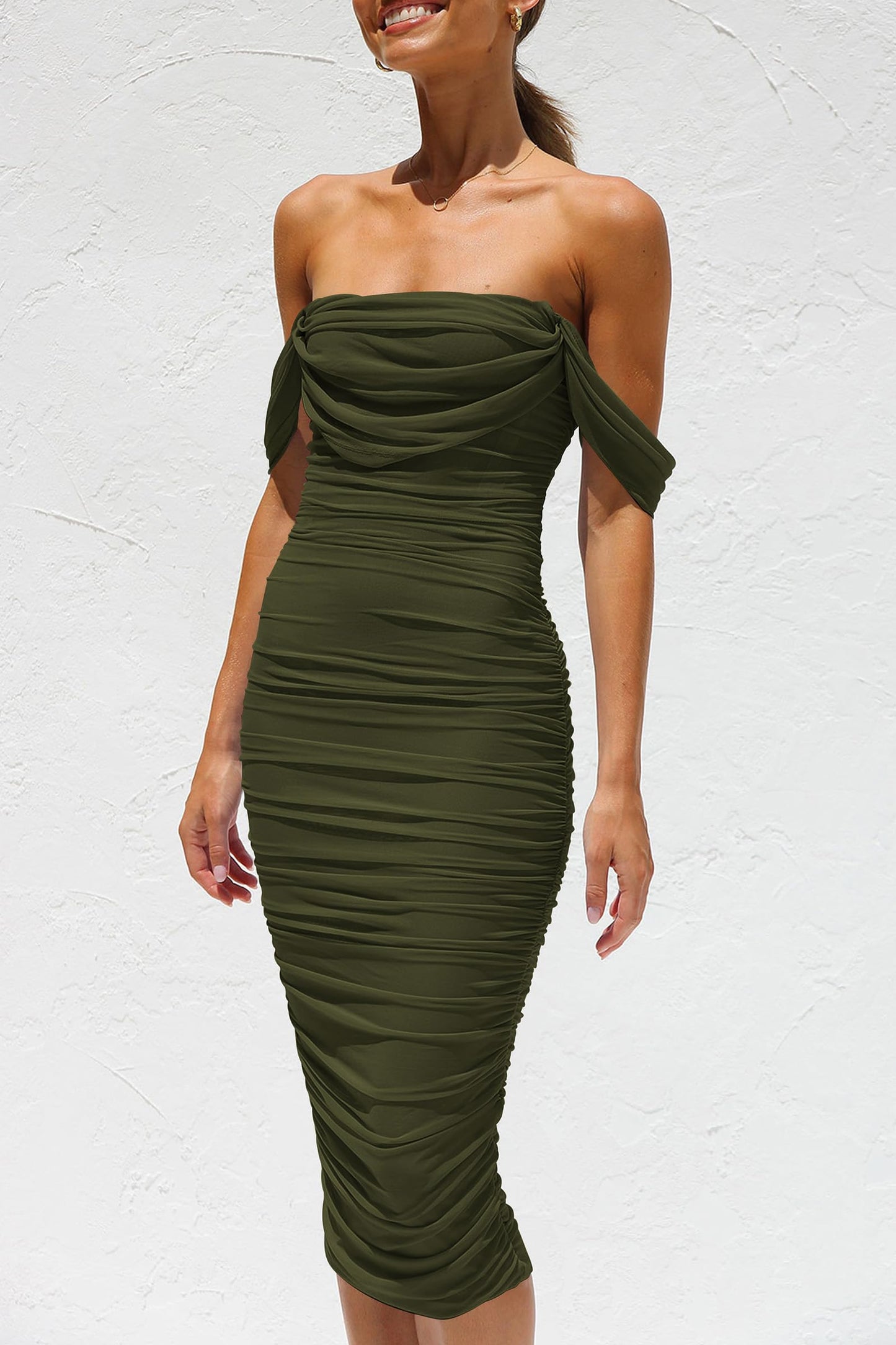 PRETTYGARDEN Women's Summer Off The Shoulder Ruched Bodycon Dresses Sleeveless Fitted Party Club Midi Dress (Army Green,Small)