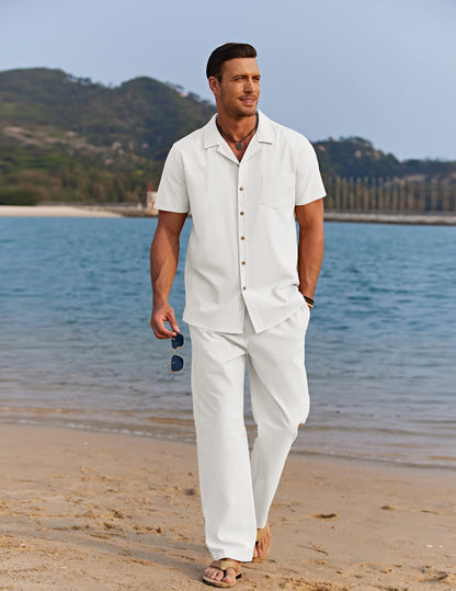 COOFANDY Men Linen Sets 2 Pieces Beach Short Sleeve Shirt Yoga Pant Big and Tall